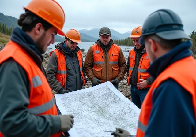 A diverse team of geologists and engineers reviewing a map at a remote Yukon site