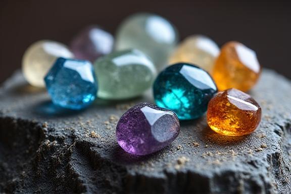 A collection of raw, uncut gemstones from the Yukon region